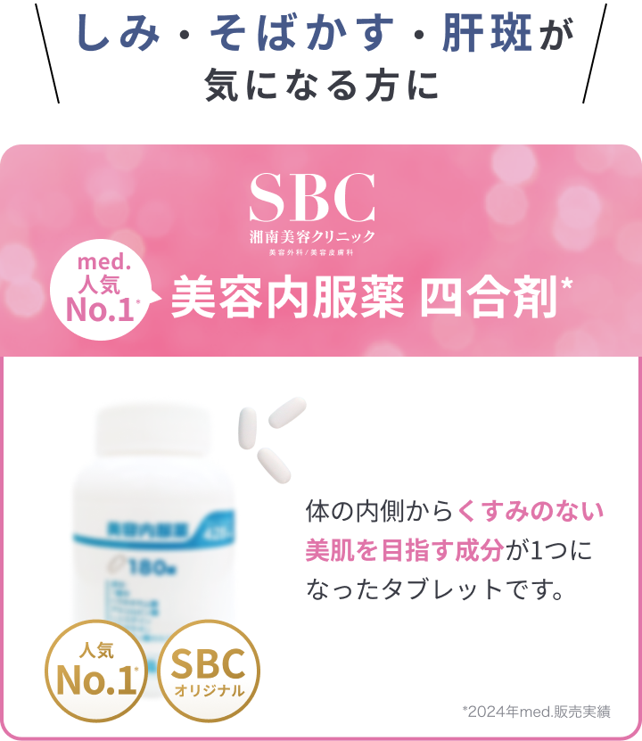 しみ・そばかす・肝斑が気になる方に med. 人気No.1美容内服薬 四合剤 体の内側からくすみのない美肌を目指す成分が1つになったタブレットです。