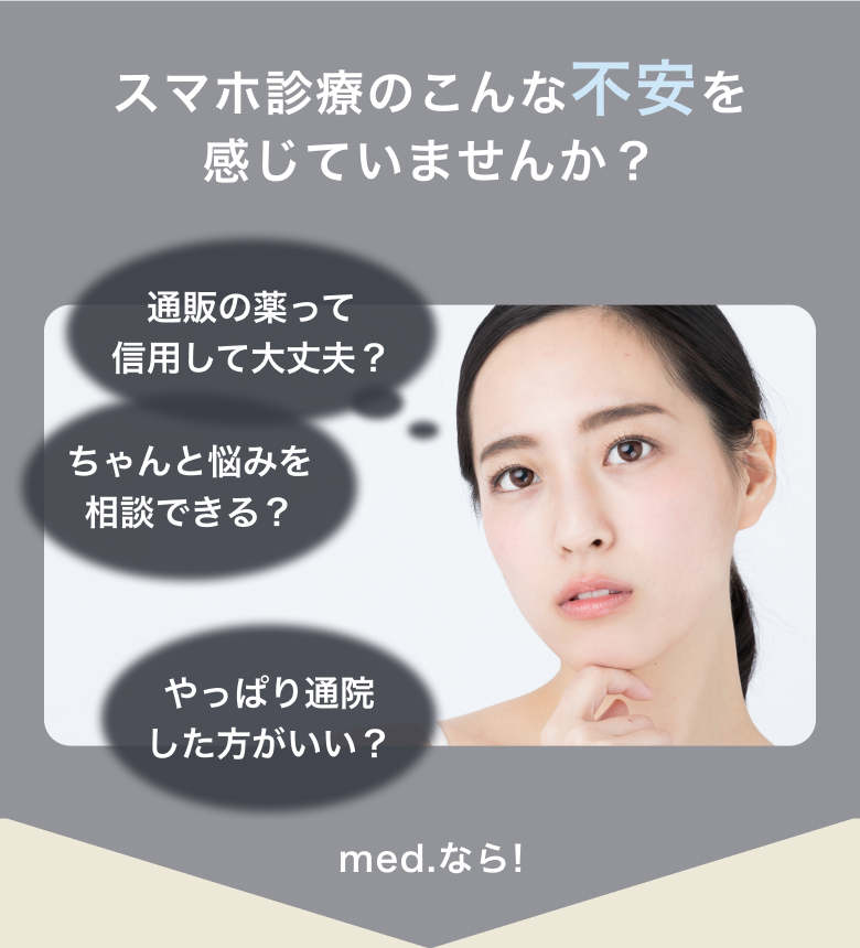 オンライン診療のこんな不安を感じていませんか？通販の薬って信用して大丈夫？ちゃんと悩みを相談できる？やっぱり通院した方がいい？medなら!
