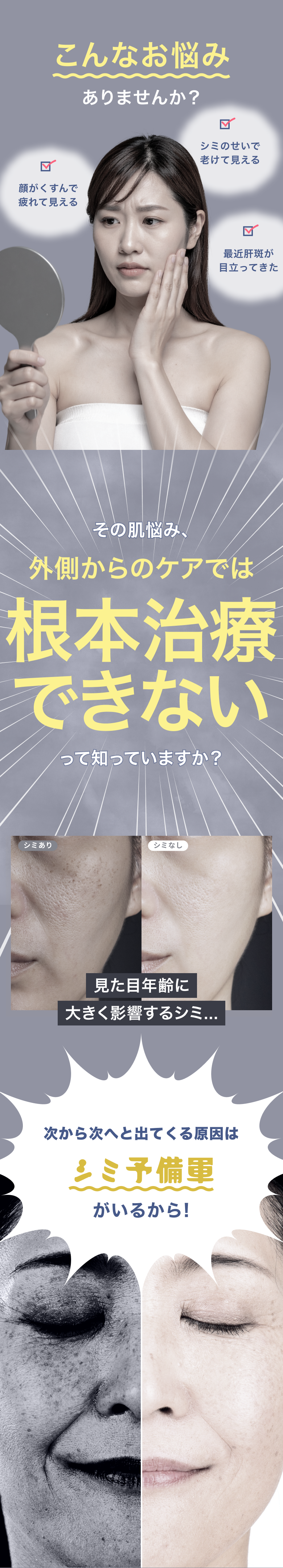こんなお悩みありませんか？　シミのせいで老けて見える　顔がくすんで疲れて見える　最近肝斑が目立ってきた　その肌の悩み、外側からのケアでは根本治療できないって知っていますか？　次から次へと出てくる原因はシミ予備軍がいるから！