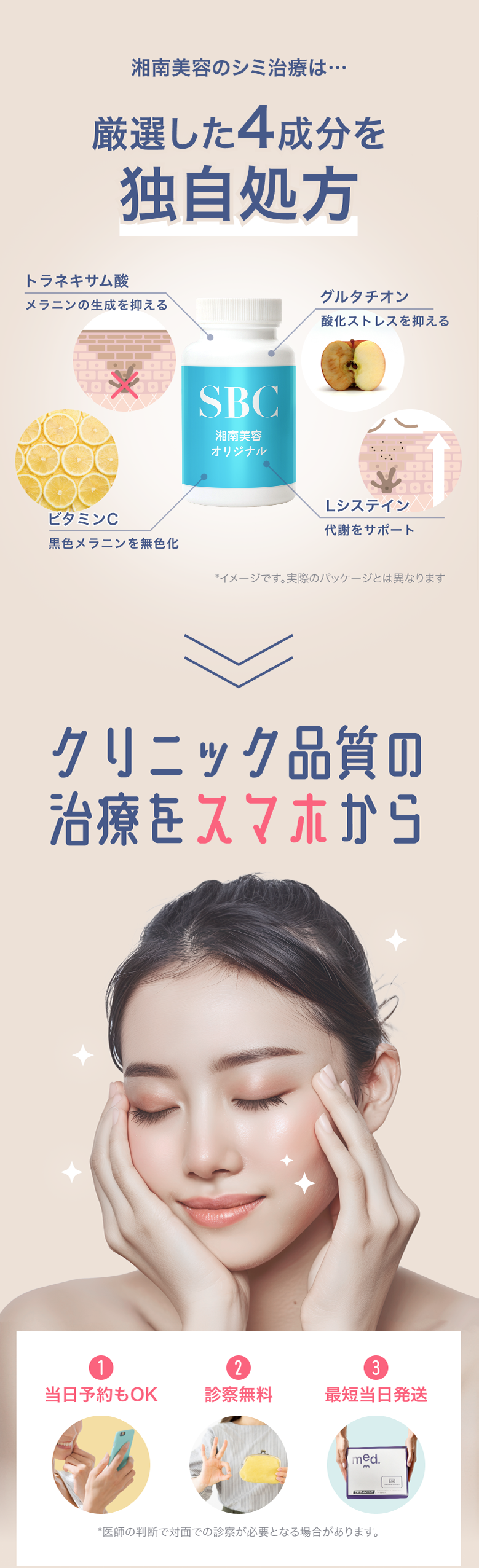 湘南美容のシミ治療は厳選した4成分を独自処方　トラネキサム酸　グルタチオン　ビタミンC　Lシステイン　クリニック品質の治療をスマホから