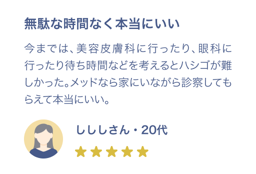 無駄な時間なく本当にいい 今までは、美容皮膚科に行ったり、眼科に行ったり待ち時間などを考えるとハシゴが難しかった。メッドなら家にいながら診察してもらえて本当にいい。しししさん・20代