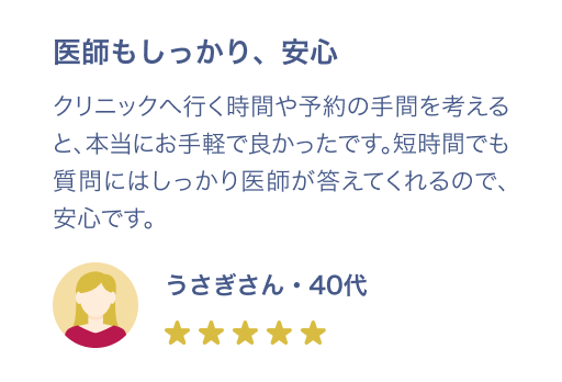診察代もかからず気軽 翌日には発送してくれてすぐに始められるのが良い！診察代もかからず気軽に利用できる。薬のことを丁寧に説明してくれて、相談しやすかった。kayoさん・30代